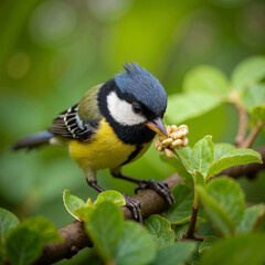 Obraz premium Great Tit Bird Feeding on Branch with Green Leaves