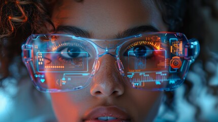 A young woman explores a vibrant digital interface through futuristic augmented reality glasses, immersed in technology