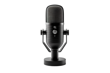 Artistic Black Microphone Captured During a Recording Session in a Home Studio on White or PNG Transparent Background.