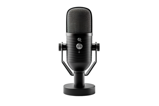Artistic Black Microphone Captured During a Recording Session in a Home Studio on White or PNG Transparent Background.