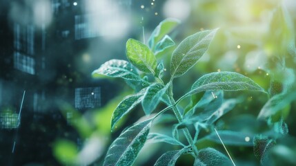 Close-up of a green plant leaf with a digital effect.
