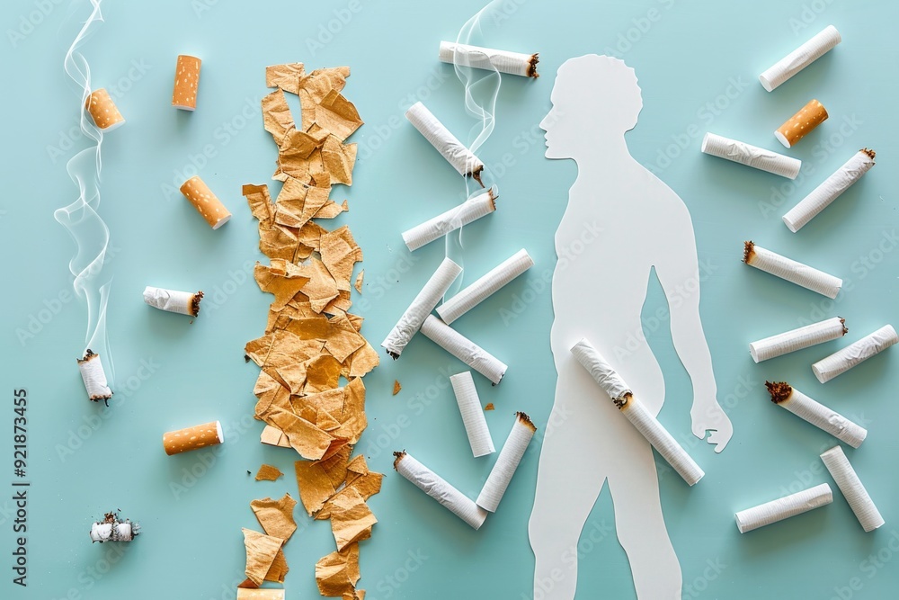Poster dynamic array of cigarettes and smoke depicting the chaotic impact of smoking on health