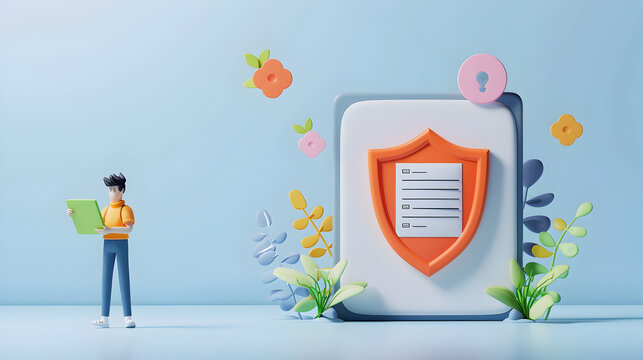 3D Flat Icon: Policy Maker with Document and Shield Concept for ISO27001 Compliance   Illustration of a Policy Maker with Document and Shield on Whimsical Background, Ideal for Pol