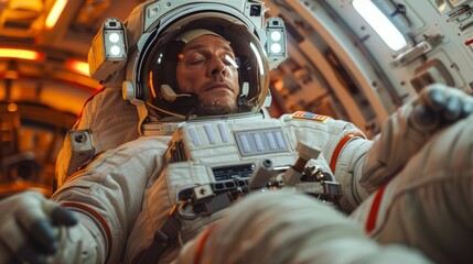 An astronaut in a spacesuit brews anticipation while inside the spacecraft, preparing for a spacewalk during a mission