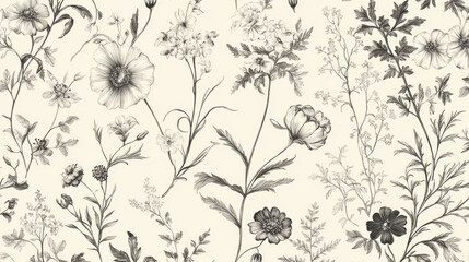 Toile De Jouy vintage floral seamless pattern, elegant vector graphics. Featuring delicate florals, wildflowers, and romantic motifs, this pattern is crafted with meticulous attention to detail.