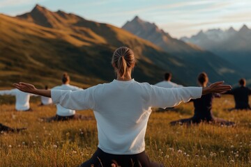 A diverse group of individuals practicing yoga in a serene mountainous setting, promoting mindfulness, balance, and inner peace amidst beautiful natural surroundings.
