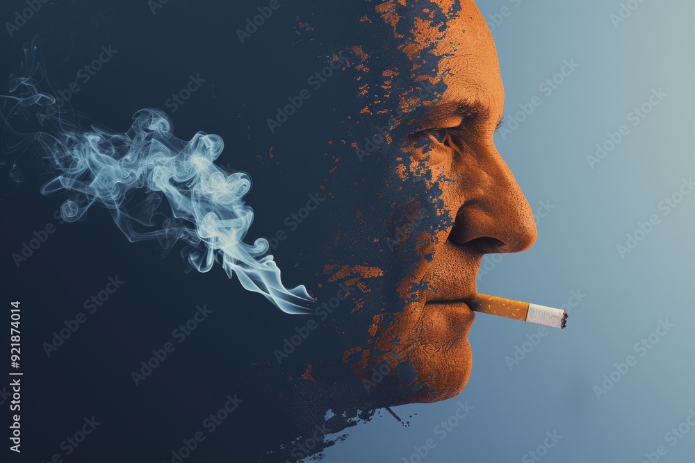 Poster abstract portrait of a mans face disintegrating into smoke symbolizing the fleeting nature of existe