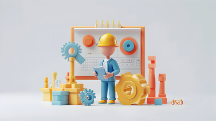 Fototapeta premium 3D Flat Icon Quality Engineer with Control Plan and Certificate | Engineering Quality ISO9001 Compliance Concept on Dreamy Background