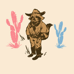 Fototapeta premium Cowboy Raccoon Cartoon with Hat, Bandana, Boots, and Cactus Vector Illustration