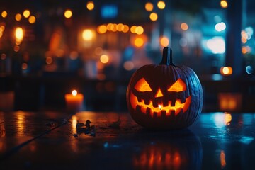 Spooky Halloween Pumpkin with Glowing Face Surrounded by Candles