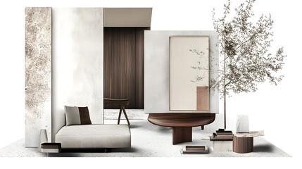 interior design moodboard for inspiration, natural materials, grey color tones