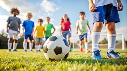 Obraz premium Soccer Ball in Focus with Kids Playing in the Background.