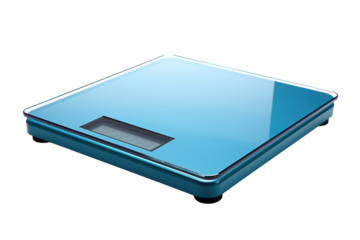 Bright Blue Digital Scale Displayed on a Clean Kitchen Counter in Natural Light on White or PNG Transparent Background.