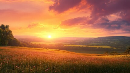 A beautiful summer sunset over a tranquil countryside. The sky is painted in warm hues of orange and pink, and the sun is dipping below the horizon.