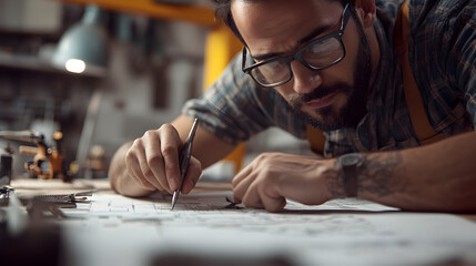 A series of close-up portraits of engineers, with blueprints and tools, showing their hands and faces deep in thought or creation.


