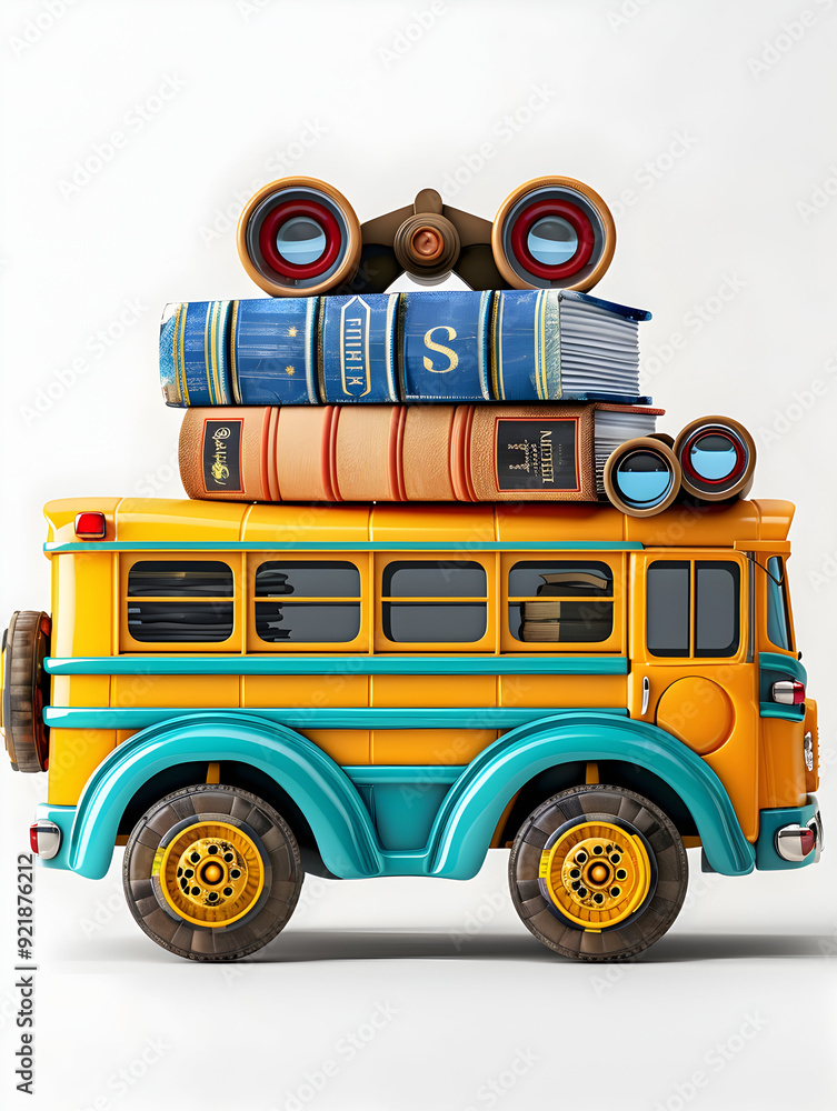 Poster school bus with books and binoculars concept: educational 3d flat icon on whimsical background with 
