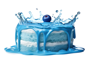 Delicious Blue Cake Overflows With Blueberry Splash as Water Dances Joyfully in Bright Light on White or PNG Transparent Background.
