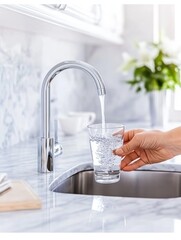 Refreshing Clean Water Pouring into Glass from Kitchen Faucet
