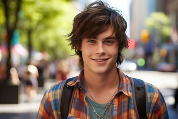 Obraz premium A young man with a plaid shirt and backpack is smiling for the camera