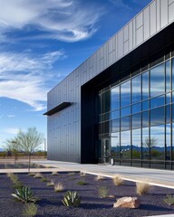 Modern building in aluminum siding and flat angled roofline and front windows.