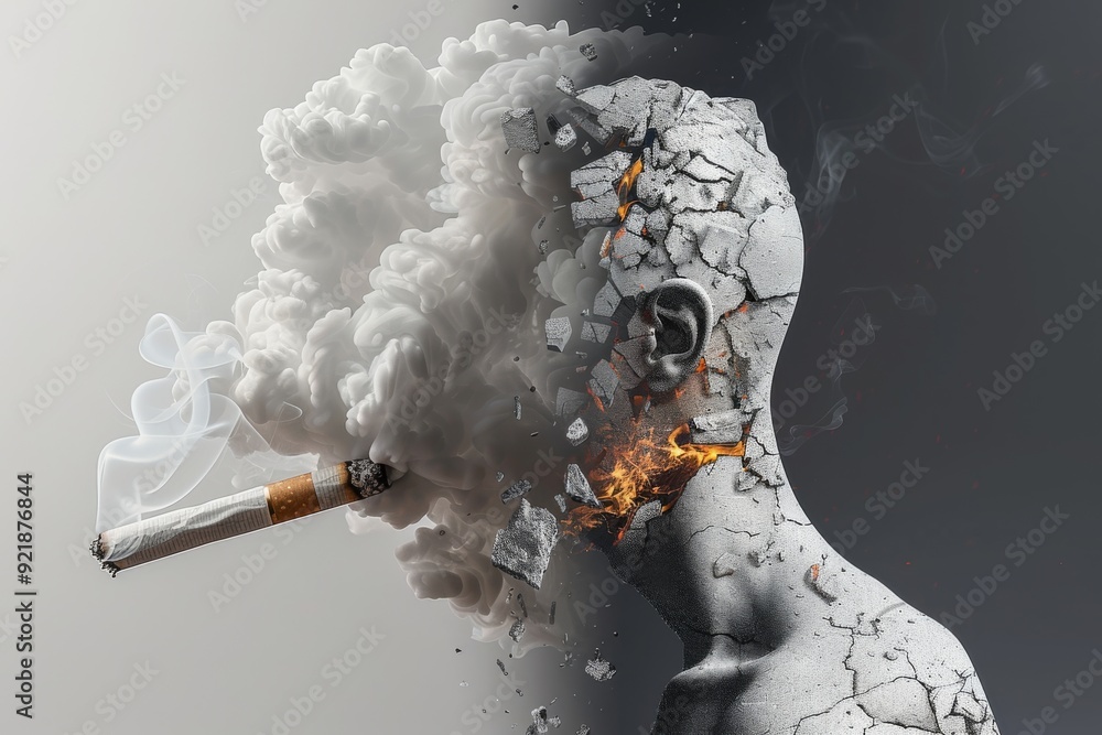 Poster abstract representation of a mans face disintegrating into smoke symbolizing loss and transformation