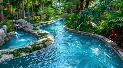 Vibrant Lazy River Pool in Lush Tropical Oasis with Inviting Setting and Relaxing Concept