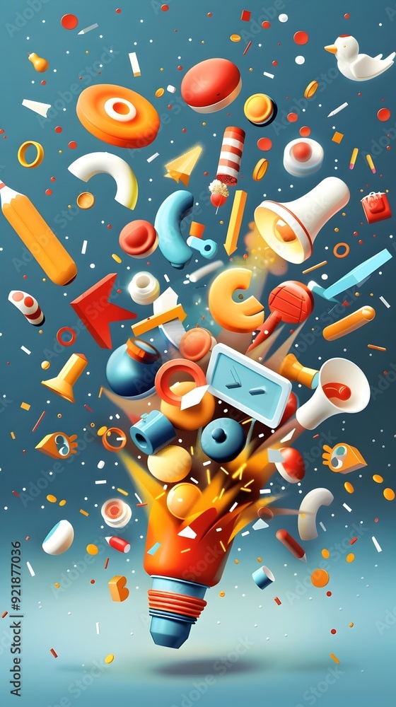 Poster 3d explosion of colorful objects