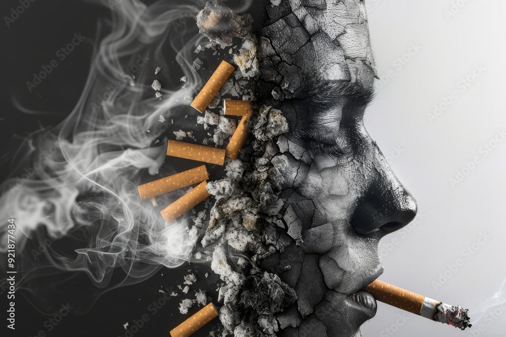 Poster mans face half hidden by cigarette smoke creating a mysterious and moody visual effect