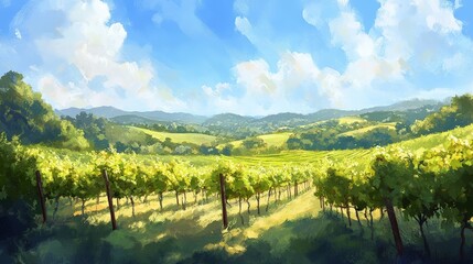 Naklejka premium A bright, sunny day over a rolling vineyard. The rays highlight the lush grapevines and create a beautiful contrast between the green of the vines and the blue of the sky