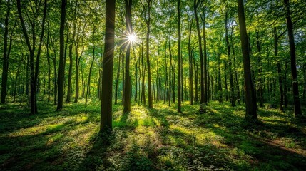 A bright, sunny day with the sun shining through a canopy of trees in a lush forest. The dappled sunlight creates a beautiful interplay of light and shadow on the forest floor