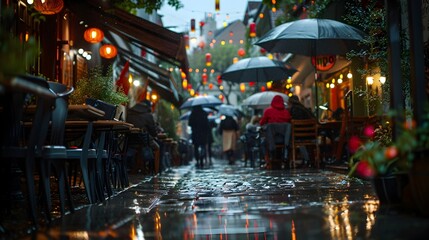 Naklejka premium Cozy Rainy Street Cafe with Inviting Reflections on Wet Pavement and Umbrellas