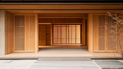 Traditional japanese house entrance with sliding doors open to garden