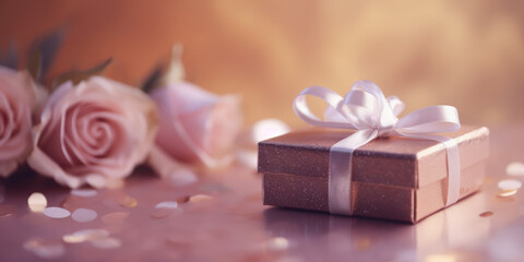 Romantic Composition of Luxury Gift Box and Pink Roses, Soft Focus and Delicate Bokeh Background, Ideal for Love and Romance Themes