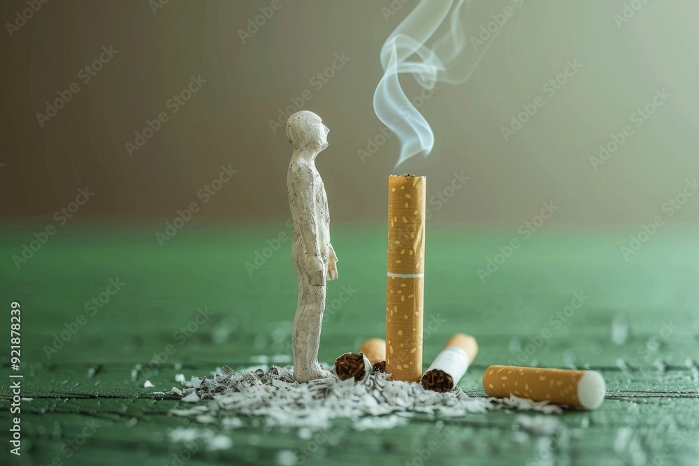 Aufkleber meditative man juxtaposed with towering cigarettes reflecting on the scale of addiction in minimalis