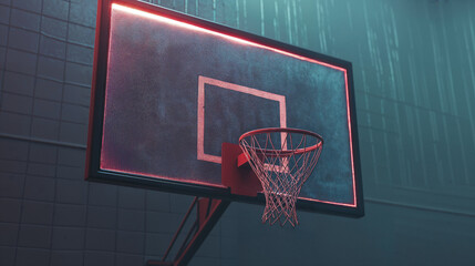 Basketball hoop glowing in an empty gym with red neon light