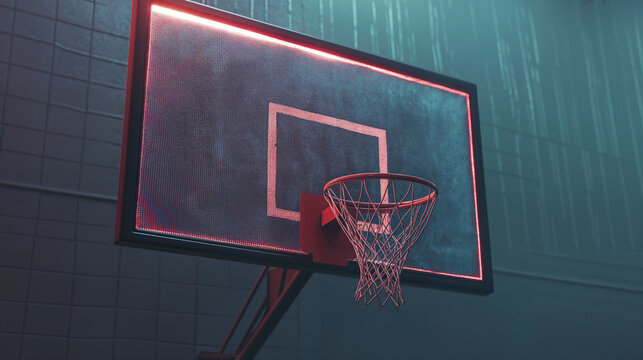 Basketball hoop glowing in an empty gym with red neon light