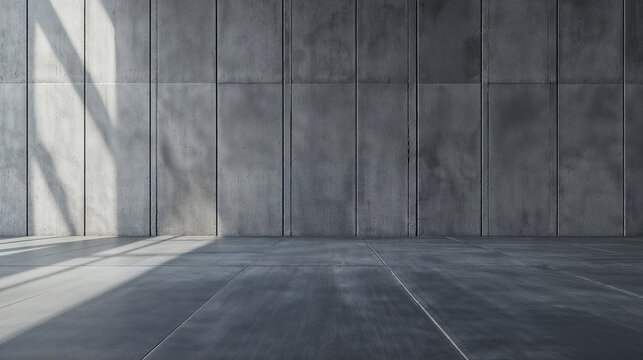 Sunlight casting geometric shadows on a concrete wall in an empty room