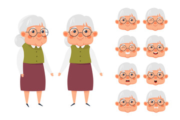 Cute elderly woman character, set of facial expressions. Granny emoji with different expressions. Vector illustration 