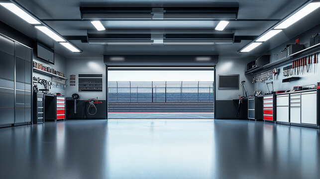 Large car workshop garage overlooking race track with open garage door