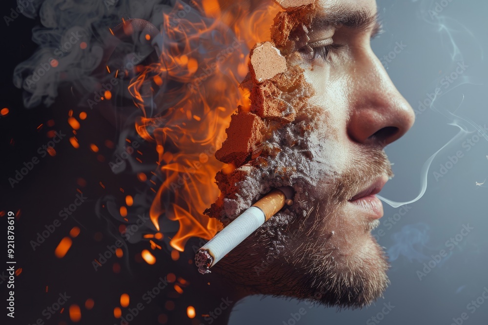 Aufkleber dynamic scene of a man with a face exploding into fiery embers illustrating internal conflict and tr