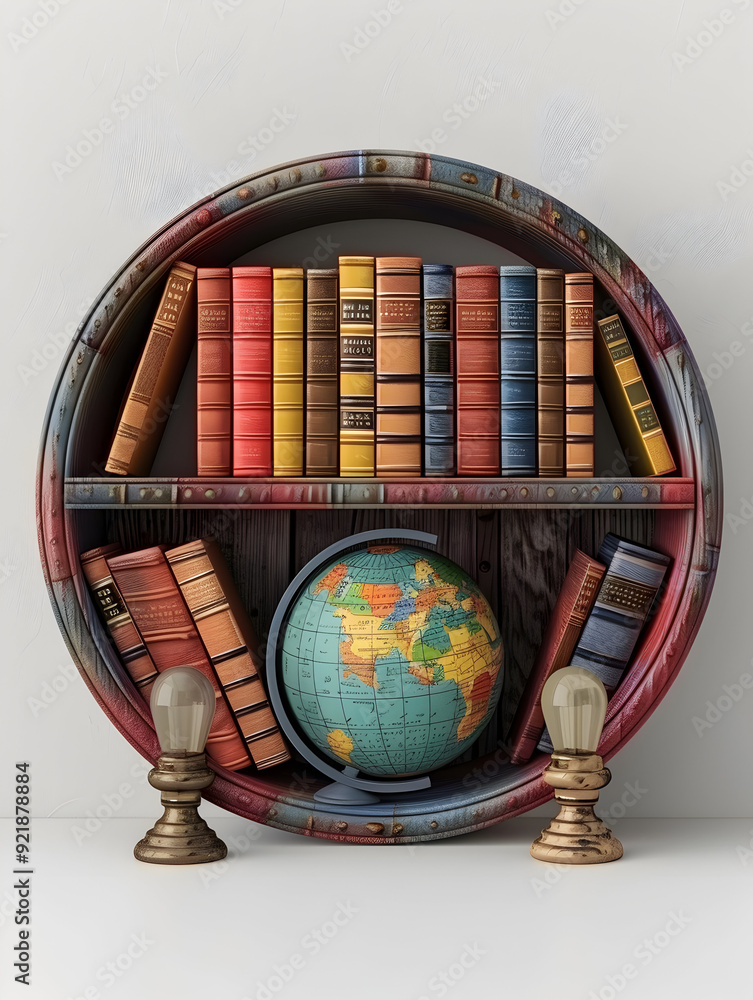 Poster 3d flat icon of school library and globe concept for global education: whimsical design with dreamy 