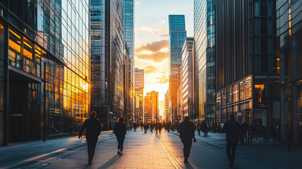 Fototapeta premium Urban business district at sunset with tall commercial buildings casting long, deep shadows, contrasting starkly with the warm, glowing light of the setting sun, highlighting the dynamic cityscape.