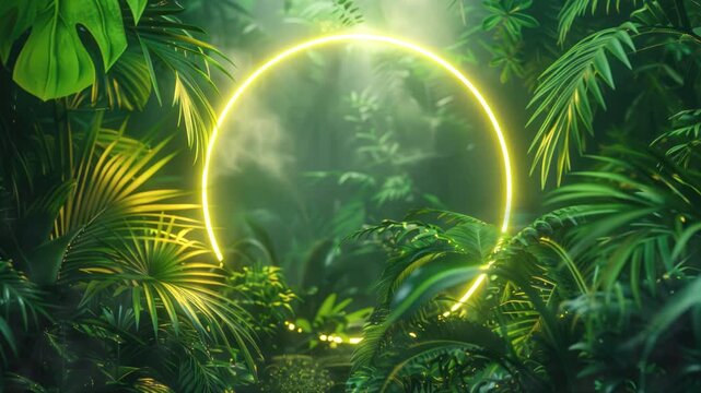 Video animation of neon glowing round circle frame on the background with tropical leaves and flowers