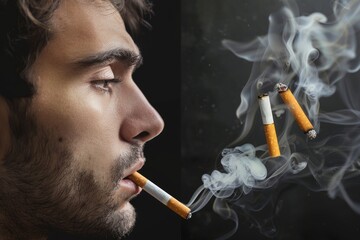 Obraz premium Close up of a mans face with smoke swirling from his mouth illustrating the seductive yet dangerous allure of smoking