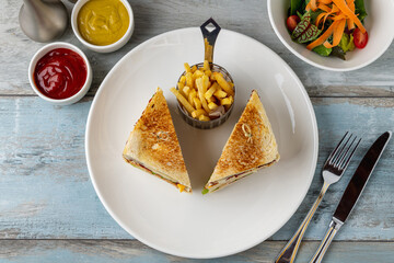 Chicken club sandwich with fries, ketchup, mustard and mayonnaise