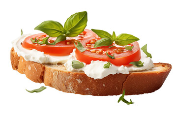 Freshly Crafted Tomato Basil Toast on Golden Artisan Bread Ready for Enjoyment on White or PNG Transparent Background.