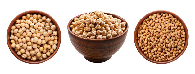 Fototapeta premium Three bowls filled with varying sizes of chickpeas, displayed from both side and top views.