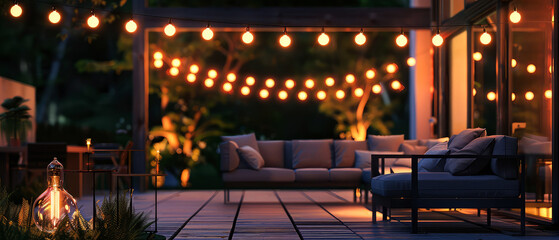 Obraz premium Evening patio, backyard with wooden terrace, with glowing garlands, lightbulb, furniture. Luxury penthouse. Outdoor leisure, vacation. Generative ai