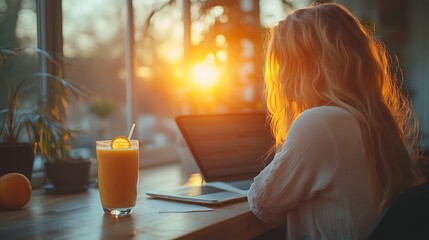 Morning Focus and Wellness: A Young Professional Working in a Sunlit Minimalist Space, Enjoying a Refreshing Nootropic Smoothie to Boost Productivity and Mental Clarity