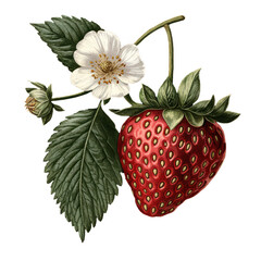Old botanical illustration of a strawberry isolated on a transparent background, capturing the fruit's detailed anatomy and natural beauty in a classic style.